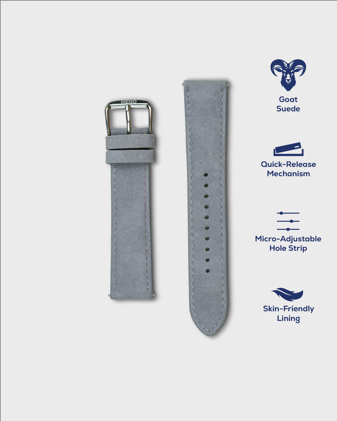 Monsoon Sky__Premium  19mm Watch Strap in Goat Suede leather Grey Colour with silver buckle