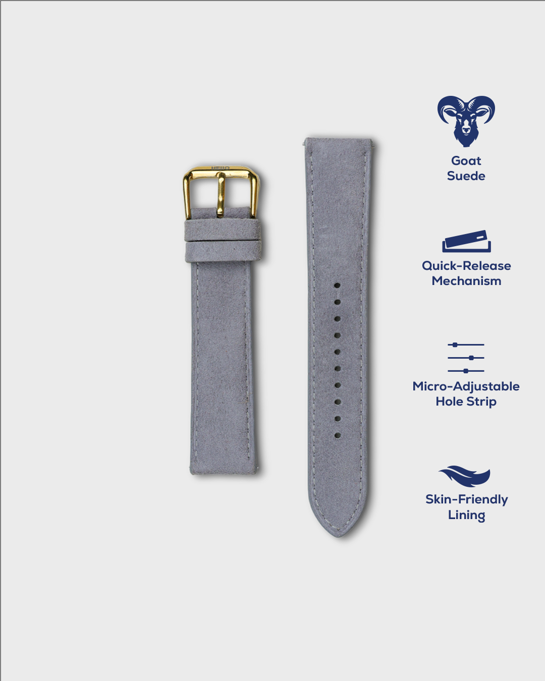 Premium Watch Strap in Goat Suede leather Grey Colour with Gold Buckle