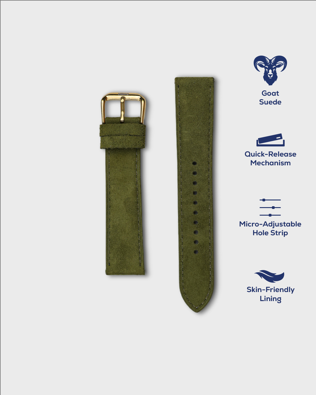 Olive Moss__Premium Watch Strap in Goat Suede leather Olive Colour with Gold Buckle