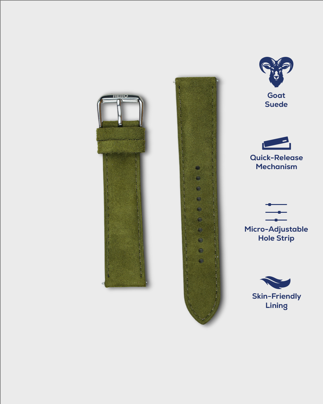 Olive Moss__Premium 19mm Watch Strap in Goat Suede leather Olive Colour with Silver Buckle