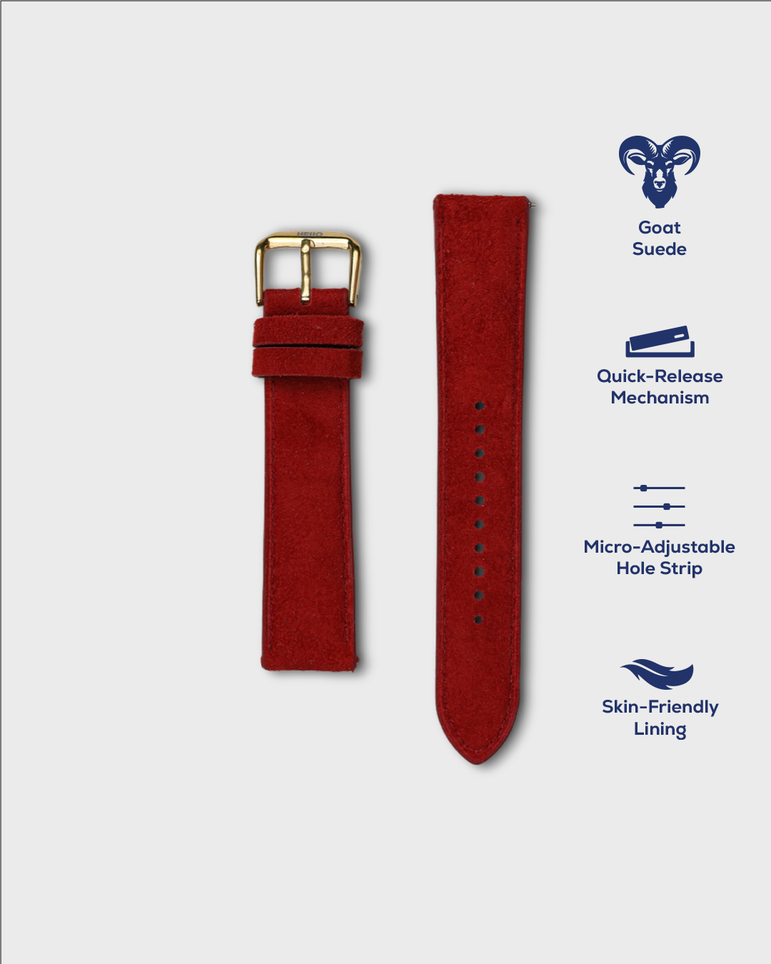 Premium Watch Strap in Goat Suede leather Red Colour with Gold Buckle