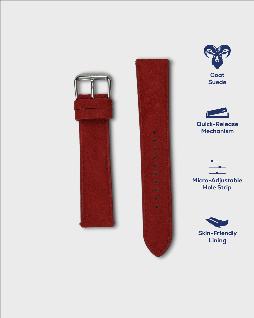 Premium Watch Strap in Goat Suede leather Red Colour with Silver Buckle