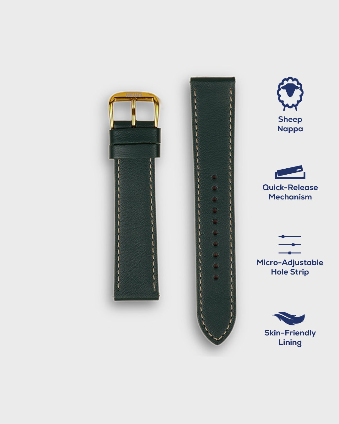 DEEP FOREST__ Green 22mm leather  strap Golden Buckle