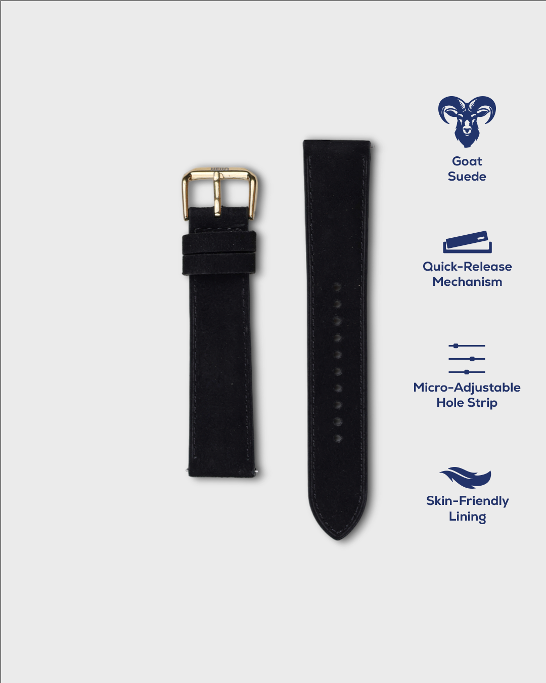 Premium Watch Strap in Goat Suede leather Black Colour with Gold Buckle