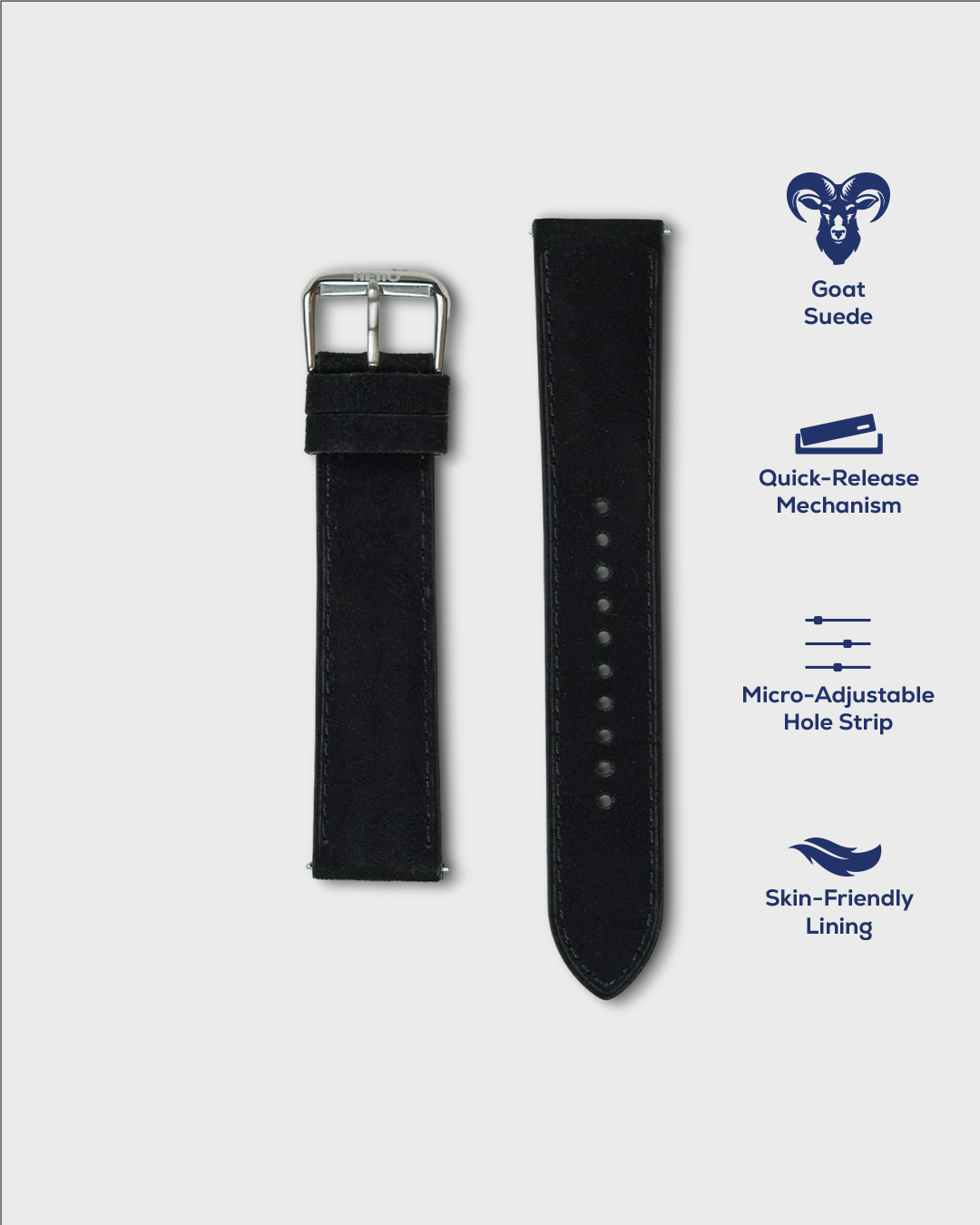 Premium Watch Strap in Goat Suede leather Black Colour with Silver Buckle